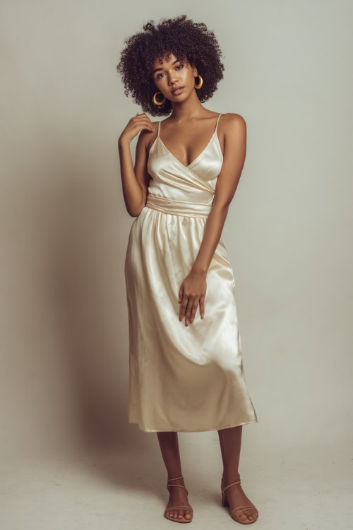 Beautiful Black woman with natural afro hair wearing a soft ivory satin midi slip dress with gold hoop earrings and strappy sandals, posing gracefully against a soft beige studio backdrop