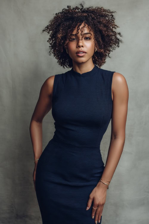 Black woman with coily natural hair wearing a tailored navy blue sleeveless sheath dress and understated jewelry, standing confidently against a light gray fashion studio backdrop