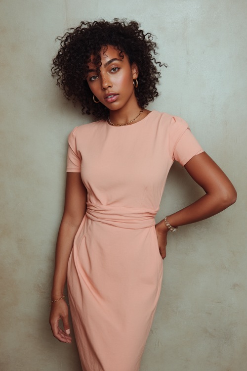 Black woman with defined curls wearing a soft pastel peach midi-length dress with short sleeves and minimal jewelry, standing confidently against a soft taupe backdrop 