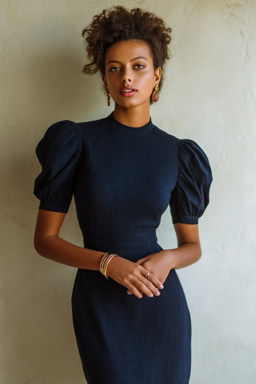 Black woman with natural afro wearing a classic navy blue midi dress with puff sleeves and simple jewelry, standing elegantly in front of a minimalist soft white studio wall