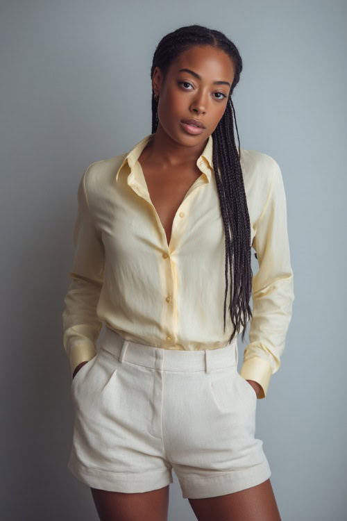 Chic Black woman with sleek long braids wearing light beige tailored shorts and a tucked-in soft pastel yellow blouse, standing against a clean soft gray studio wall