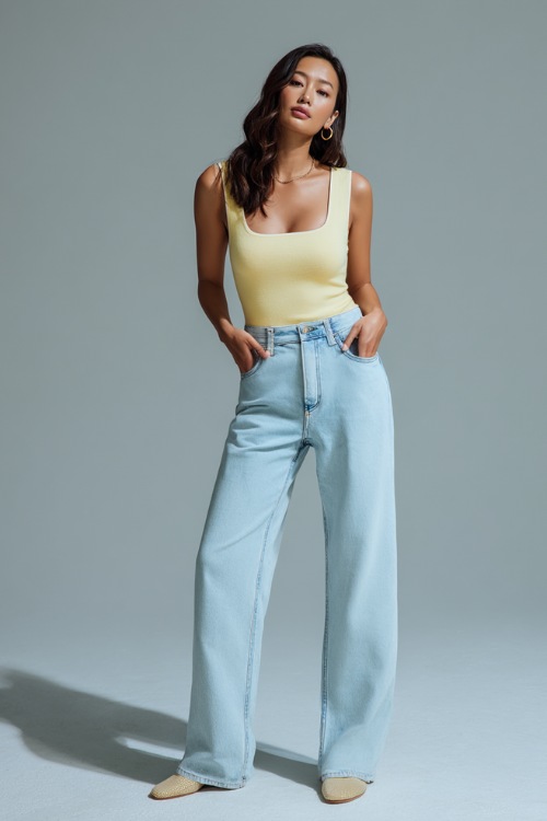 Chic lady wearing light-wash wide-leg denim with a lightweight pastel yellow knit tank and slip-on flats, standing against a clean pale gray backdrop 