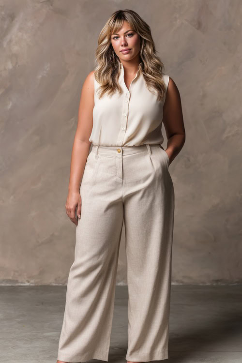 Chic plus-size woman with loose waves wearing light beige linen wide-leg trousers and a tucked-in sleeveless ivory blouse 