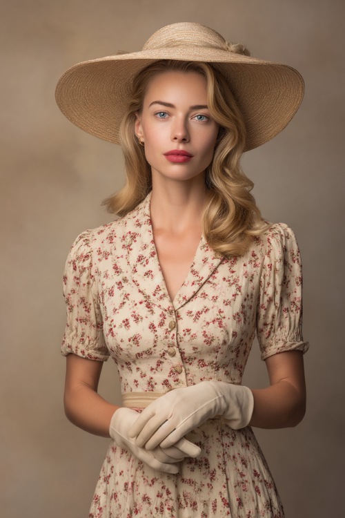 Chic woman in a floral embroidered tea-length dress, wide-brim straw hat, and dainty gloves, posing gracefully in front of a soft taupe studio backdrop 