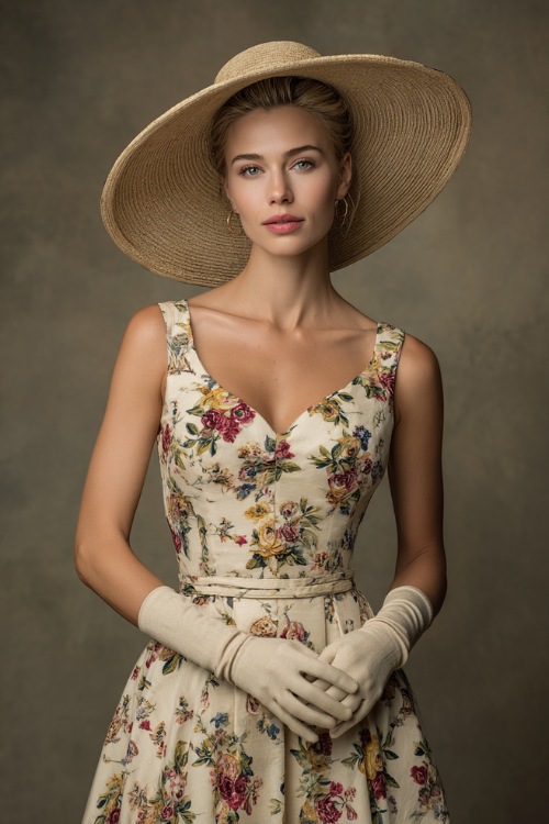 Chic woman in a floral embroidered tea-length dress, wide-brim straw hat, and dainty gloves, posing gracefully in front of a soft taupe studio backdrop