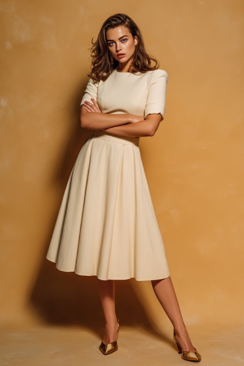 Chic woman in a light beige midi-length A-line dress with elbow-length sleeves and structured shoulders, posing against a matte warm cream backdrop 