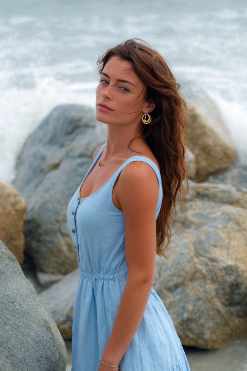 Chic woman in a light pastel blue sleeveless linen dress, with simple gold hoop earrings, standing near large beach rocks and soft crashing waves