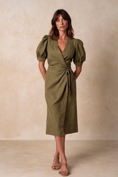 Chic woman in a muted sage green linen wrap dress with puff sleeves and simple flat sandals, standing gracefully against a soft cream studio background