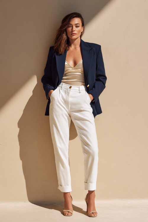 Chic woman in classic white straight-leg jeans with a tailored navy blazer and a silk camisole underneath, standing confidently against a light beige studio wall