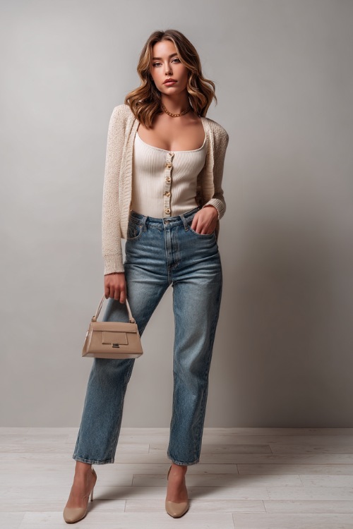 Chic woman in medium-wash straight-leg jeans with a fitted light beige knit cardigan and small structured handbag, posing stylishly in front of a pale gray fashion studio backdrop 