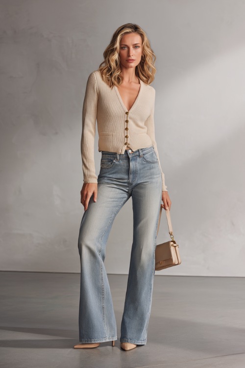 Chic woman in medium-wash straight-leg jeans with a fitted light beige knit cardigan and small structured handbag, posing stylishly in front of a pale gray fashion studio backdrop