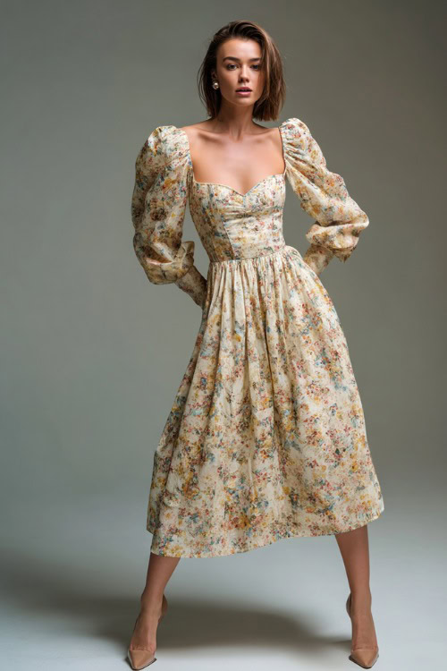 Chic woman wearing a floral print tea-length dress with puff sleeves and delicate pearl studs, posing in a luxury studio with a pale gray backdrop