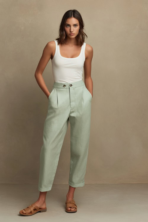 Chic woman wearing soft mint green cropped linen trousers with a tucked-in classic white tank and flat leather sandals, standing against a soft taupe studio backdrop 
