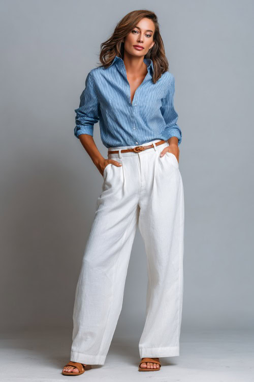 Chic woman wearing tailored white wide-leg linen trousers with a tucked-in soft blue button-up shirt and flat leather sandals, posing gracefully in a light gray studio setting
