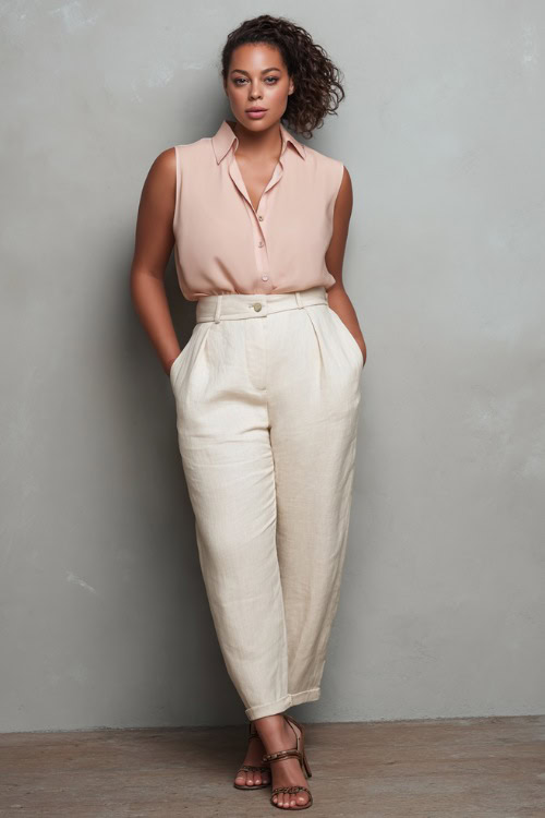 Classy plus-size woman wearing light beige high-waisted linen trousers with a tucked-in soft blush sleeveless blouse and leather sandals
