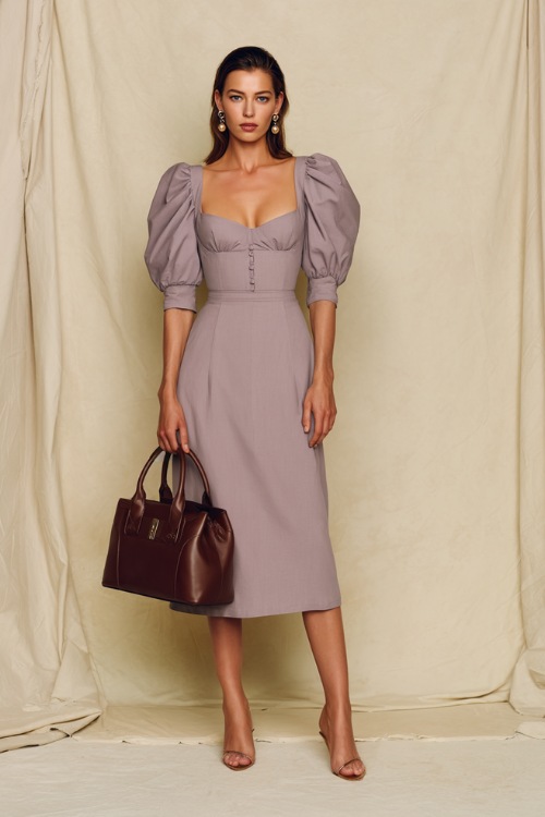 Classy woman in a soft lavender puff-sleeve midi dress, holding a structured leather handbag, standing elegantly in a studio with a pale cream backdrop