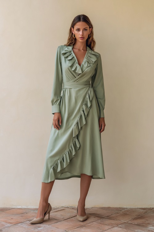 Classy woman in a soft sage green ruffle-trim midi dress with pointed-toe flats and minimal accessories, posing against a clean cream studio wall
