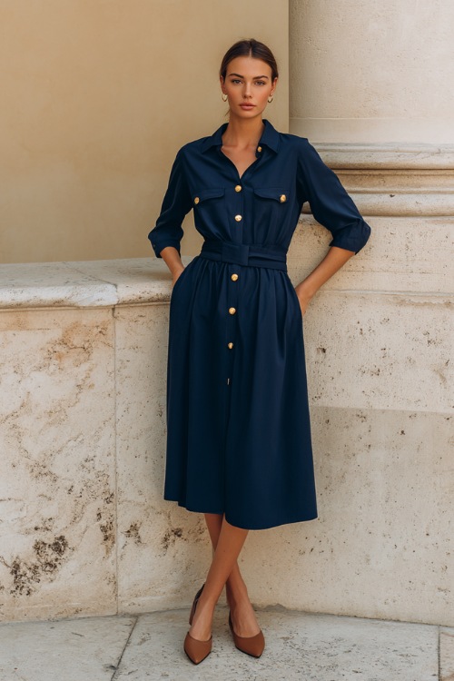 Classy woman wearing a navy blue midi shirt dress with gold buttons and simple leather flats, standing elegantly in front of a clean light stone-colored studio wall 