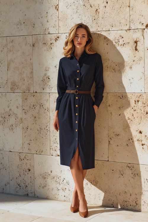 Classy woman wearing a navy blue midi shirt dress with gold buttons and simple leather flats, standing elegantly in front of a clean light stone-colored studio wall 