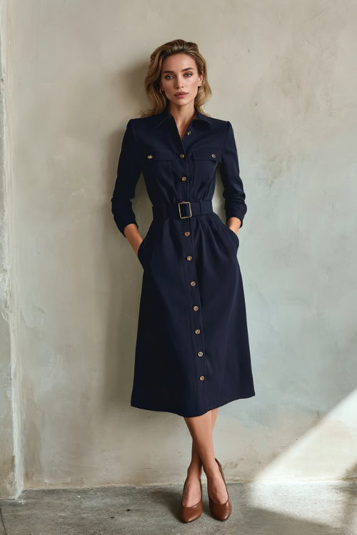 Classy woman wearing a navy blue midi shirt dress with gold buttons and simple leather flats, standing elegantly in front of a clean light stone-colored studio wall