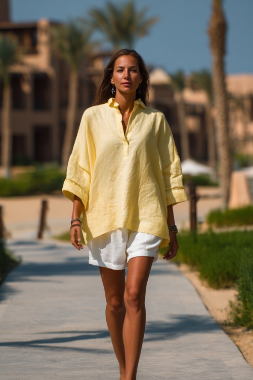 Classy woman wearing a soft pastel yellow linen tunic with white tailored shorts and simple sandals, walking along a luxury beach resort pathway