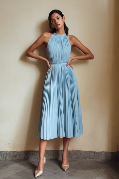 Classy woman wearing a soft powder blue sleeveless pleated midi dress with pointed-toe flats, posing confidently in a minimalist studio with a pale cream background 