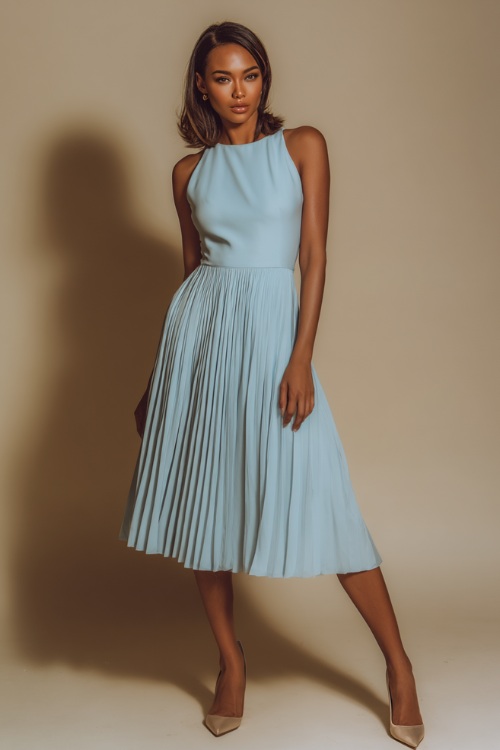 Classy woman wearing a soft powder blue sleeveless pleated midi dress with pointed-toe flats, posing confidently in a minimalist studio with a pale cream background