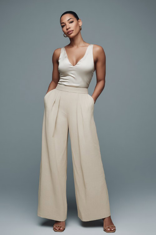 Elegant Black woman with sleek low bun wearing light beige wide-leg trousers and a tucked-in silk camisole, flat sandals, posing against a matte light gray backdrop