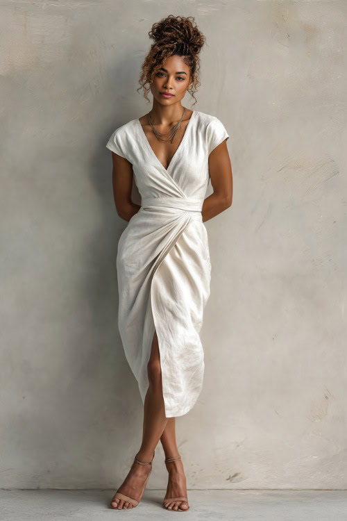Elegant Black woman with textured updo in a white linen wrap midi dress with cap sleeves and delicate sandals, posing gracefully against a pale gray backdrop