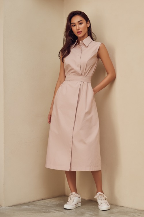 Elegant lady in a soft pastel pink sleeveless cotton midi dress with structured shoulders and classic white sneakers