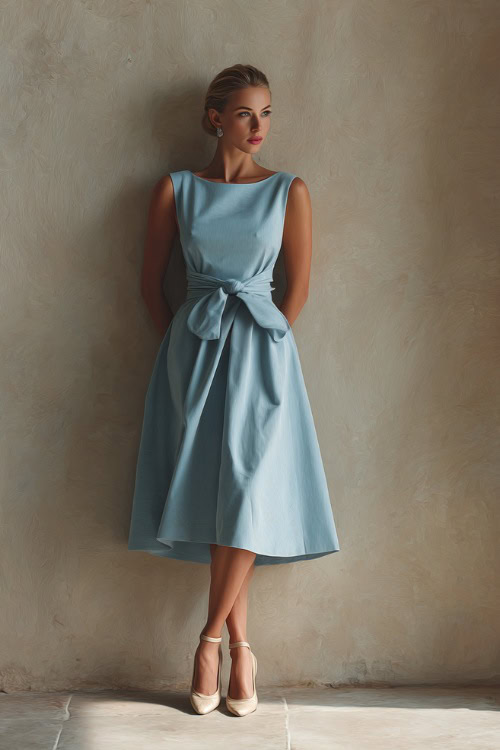 Elegant lady in a soft powder blue sleeveless A-line midi dress with a bow belt and ballet flats, standing against a minimalist light stone-colored studio wall