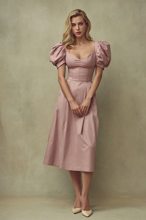 Elegant lady in a soft rose pink tea-length dress with puff sleeves and simple pointed-toe flats, standing gracefully in front of a pale beige studio backdrop