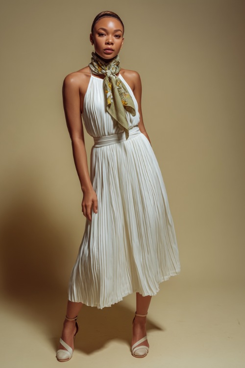 Elegant lady in a white pleated midi dress with a silk scarf tied around her neck, posing confidently in a studio with a soft matte cream backdrop 