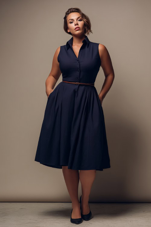 Elegant plus-size woman in a navy blue fit-and-flare midi dress with a thin belt and classic flats, standing confidently in a minimalist cream studio setting