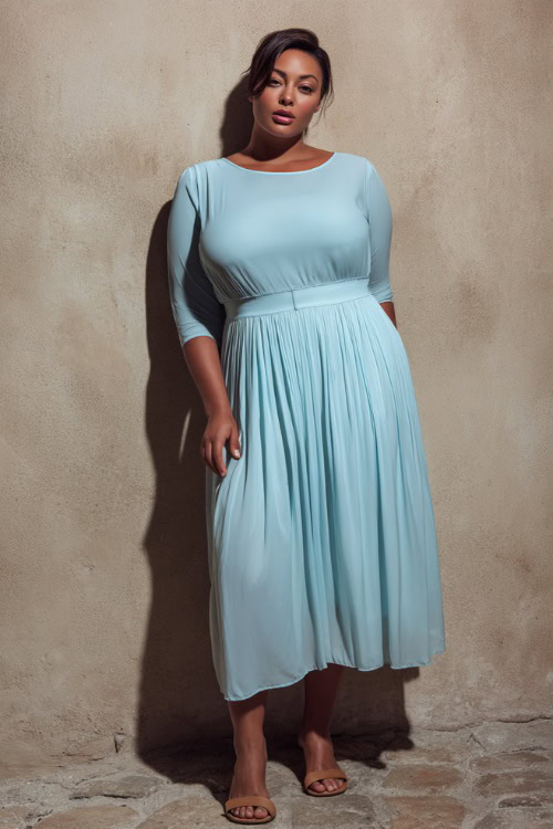 Elegant plus-size woman wearing a soft sky blue sleeveless midi dress with subtle pleats and slip-on sandals, standing confidently in front of a light taupe studio wal