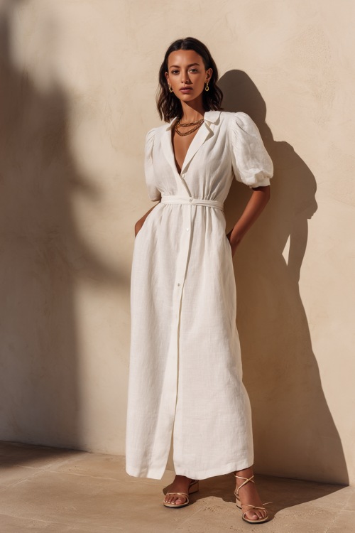 Elegant woman in a tailored linen white maxi dress with puff sleeves, delicate gold jewelry, and strappy sandals, standing gracefully in front of a minimalist cream-colored studio wall