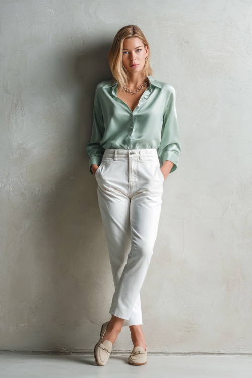 Elegant woman in white high-rise jeans with a soft mint green silk blouse and neutral-tone leather loafers, standing against a clean light stone-colored studio wall