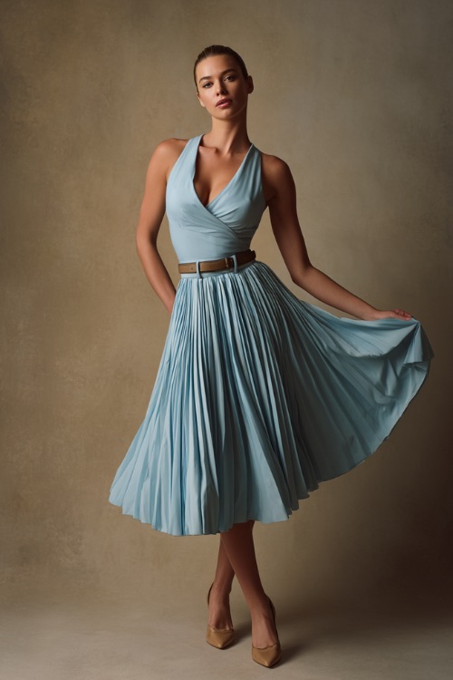 Elegant woman wearing a light blue sleeveless midi dress with pleated skirt and a thin belt, posing gracefully against a soft taupe studio backdrop