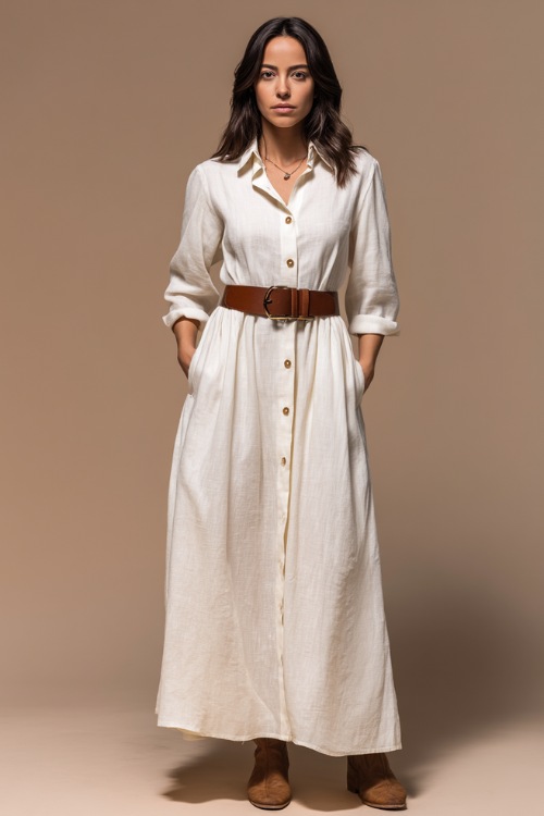 Elegant woman wearing a long white linen shirt dress with button-up collar and a leather belt, standing gracefully against a soft beige studio backdrop 