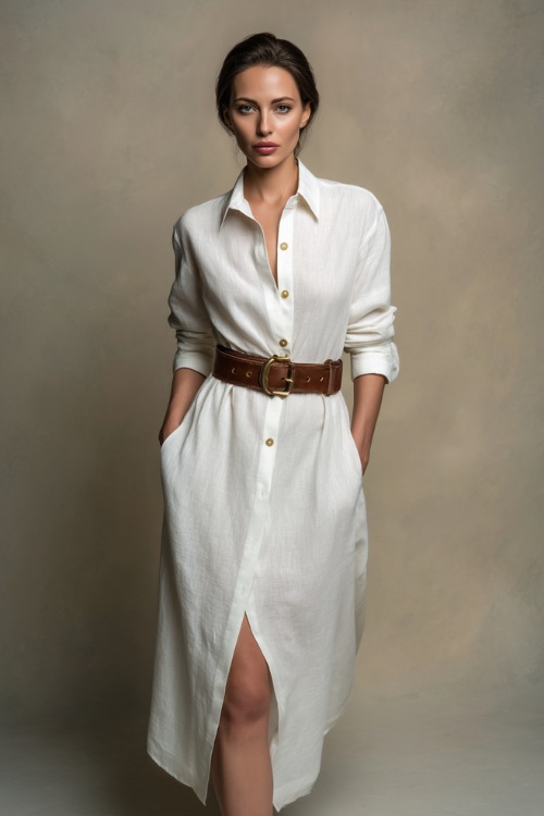 Elegant woman wearing a long white linen shirt dress with button-up collar and a leather belt, standing gracefully against a soft beige studio backdrop