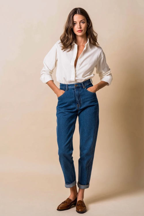 Elegant woman wearing high-waisted straight-leg blue jeans with a tucked-in crisp white button-up shirt and brown leather loafers, posing in front of a soft cream studio backdrop 
