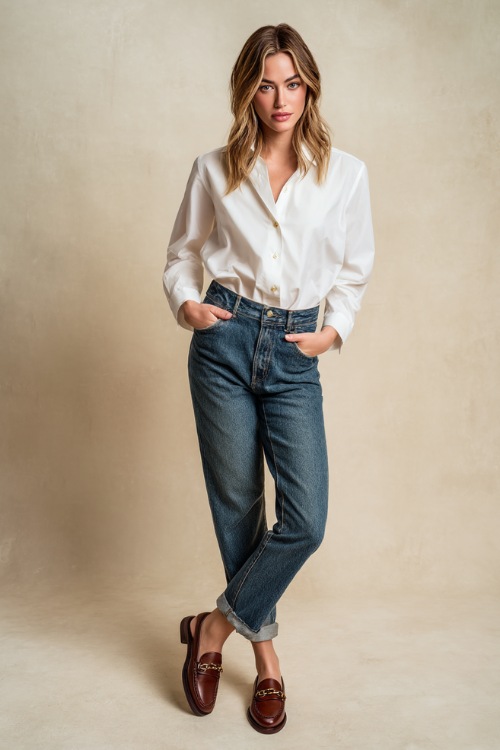 Elegant woman wearing high-waisted straight-leg blue jeans with a tucked-in crisp white button-up shirt and brown leather loafers, posing in front of a soft cream studio backdrop 