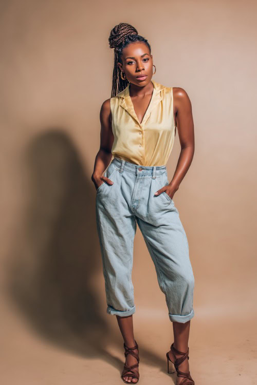 Fashionable Black woman with box braids wearing light-wash high-waisted jeans and a tucked-in pale yellow sleeveless blouse with strappy leather sandals 