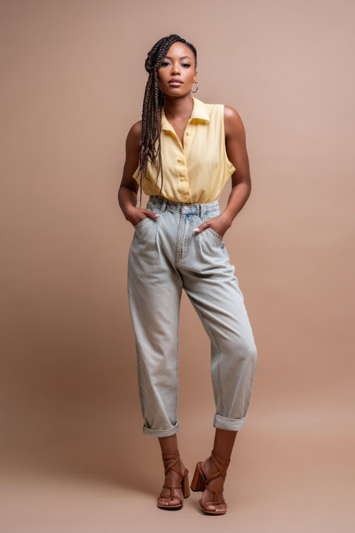 Fashionable Black woman with box braids wearing light-wash high-waisted jeans and a tucked-in pale yellow sleeveless blouse with strappy leather sandals