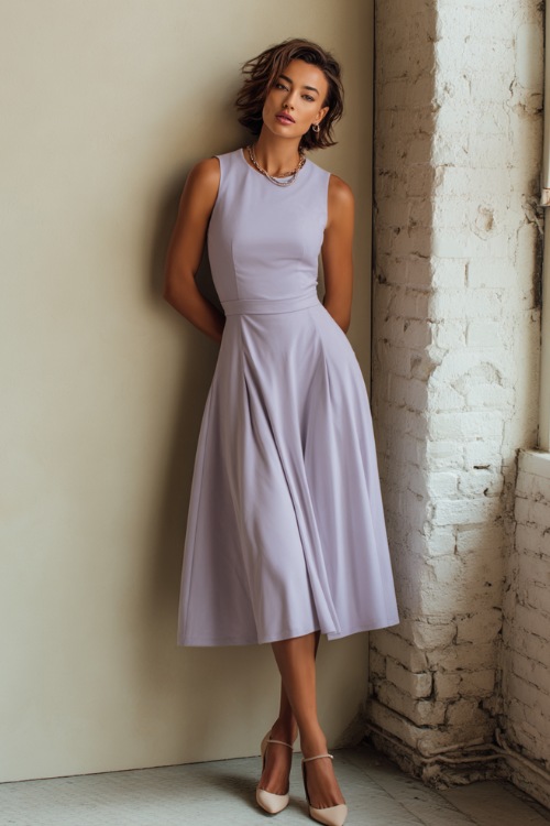 Graceful woman in a soft lavender sleeveless fit-and-flare midi dress with subtle jewelry and classic flats, standing confidently in front of a minimalist cream fashion studio backdrop 