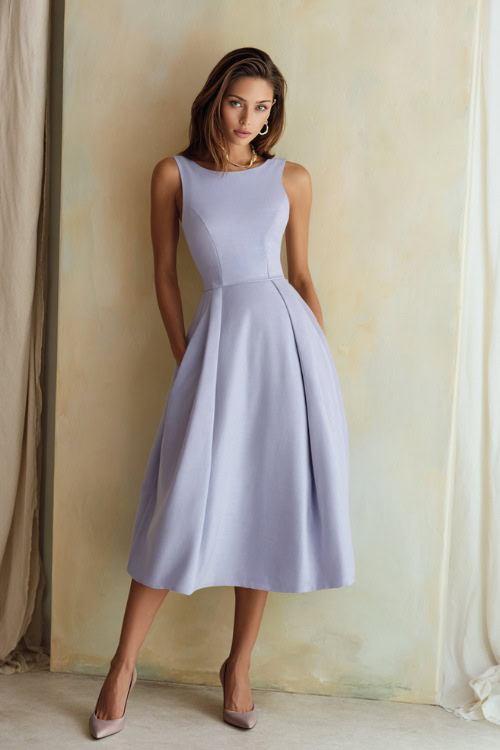 Graceful woman in a soft lavender sleeveless fit-and-flare midi dress with subtle jewelry and classic flats, standing confidently in front of a minimalist cream fashion studio backdrop