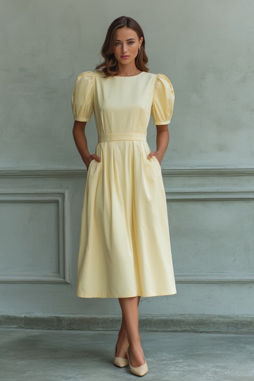 Graceful woman in a soft pastel yellow A-line midi dress with puff sleeves and slip-on flats, standing confidently in front of a pale gray fashion studio wall