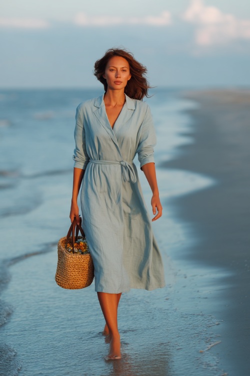 Graceful woman wearing a soft light blue linen wrap dress with structured shoulders, carrying a straw tote bag, walking along the water’s edge of a quiet beach