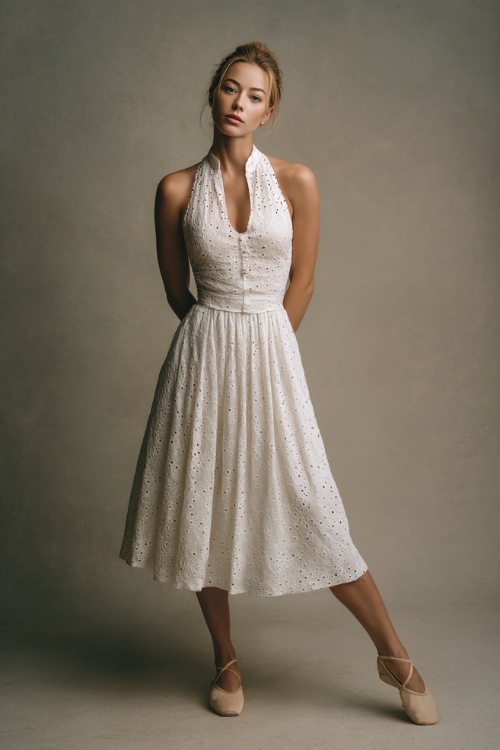 Graceful woman wearing a tailored white eyelet lace midi dress with ballet flats, posing in front of a plain warm gray backdrop in a professional studio 