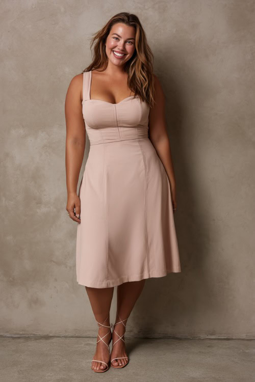Plus-size woman in a soft blush sleeveless midi dress with structured shoulders and strappy sandals, standing against a matte light taupe studio wall